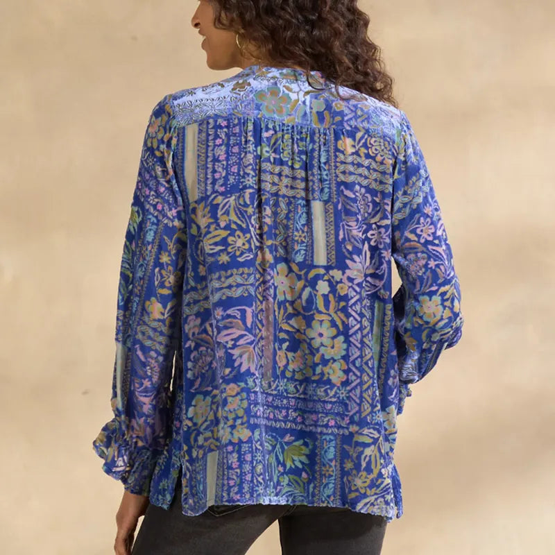 Women's Vintage Button Loose Bubble Sleeves Floral Embroidered Blue Top Shirt