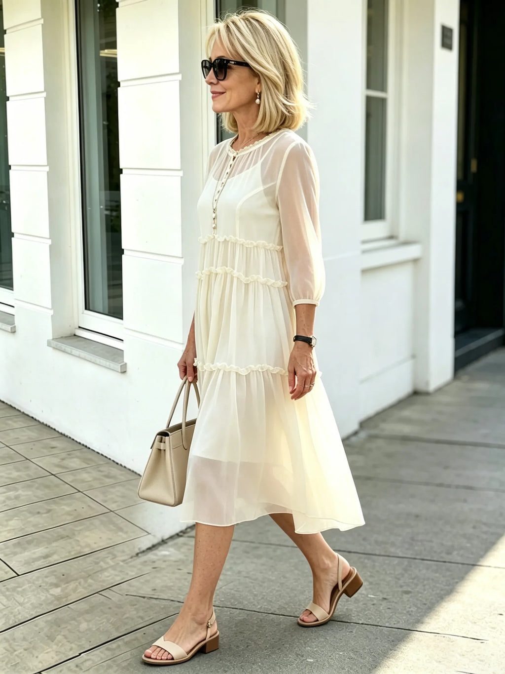 Light Blue Tiered Ruffle Chiffon Midi Dress, Round Neck Flutter Short Sleeve Loose Plus Size Elegant Women Dress