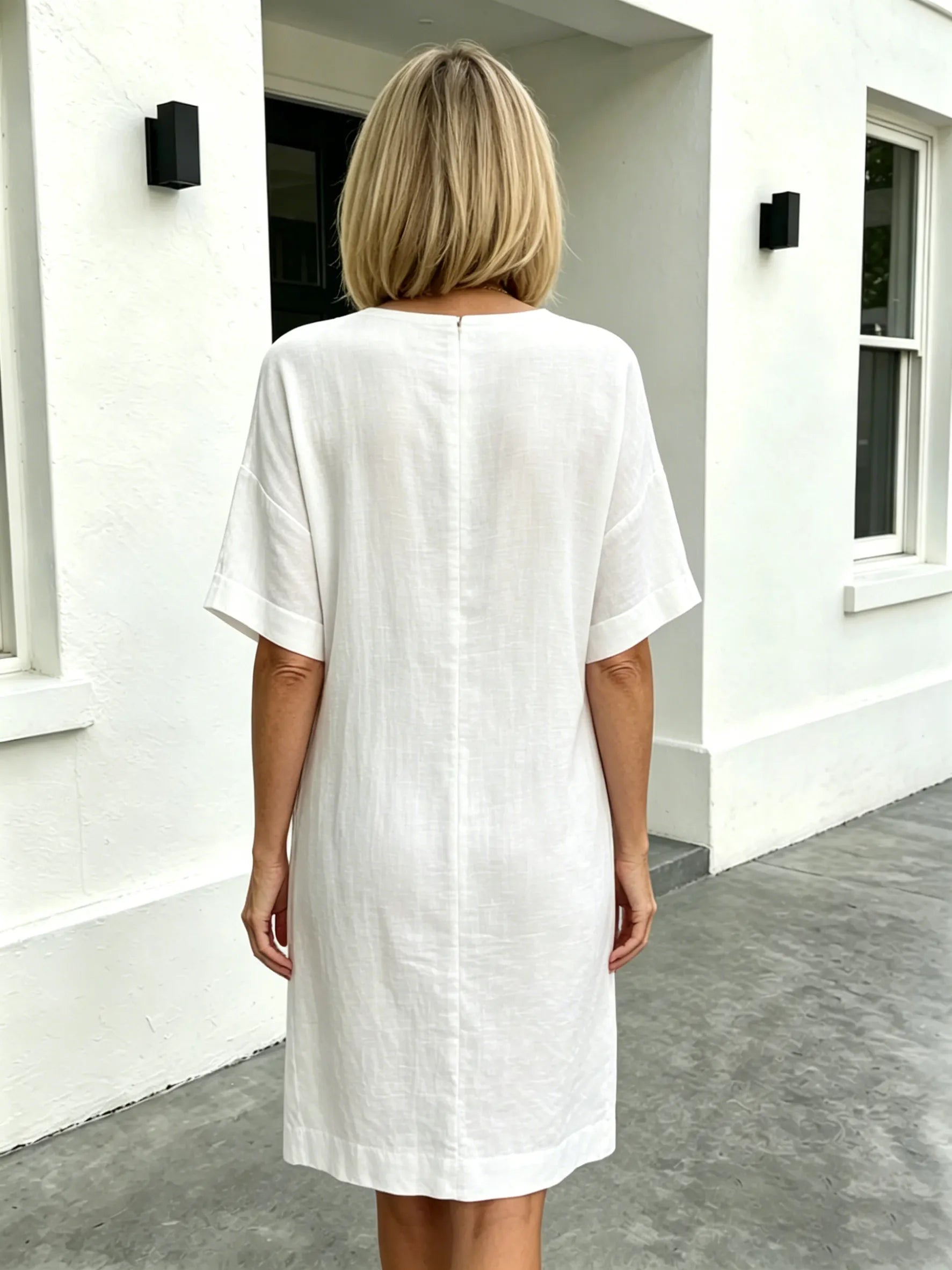 Short Sleeve V-Neck Cotton and Linen Loose Summer Dress