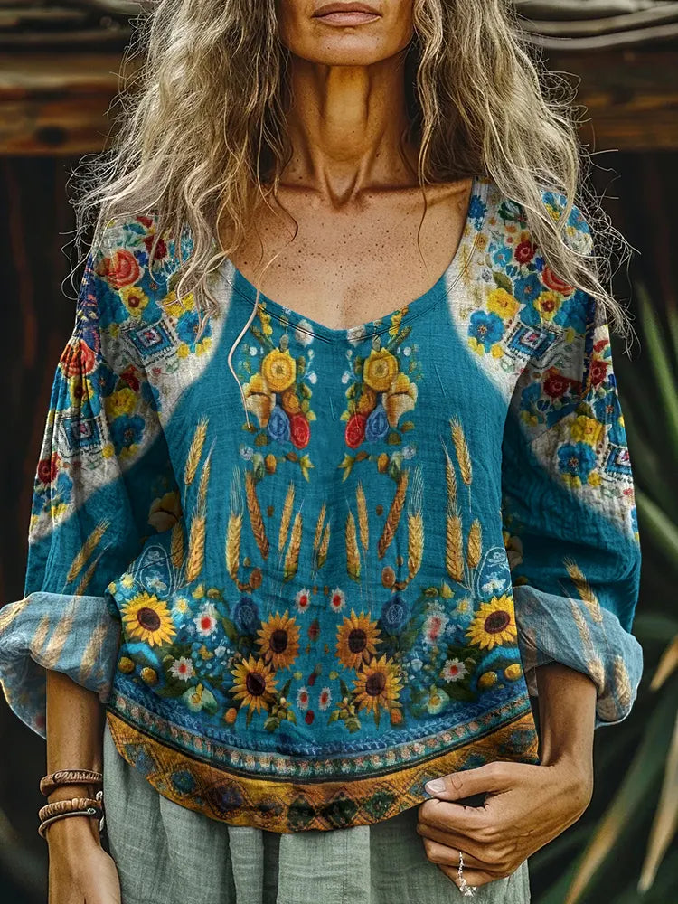 Boho Vintage Ears Of Wheat And Flower Art Inspired Cotton And Linen Round Neck Blend Loose Blouse