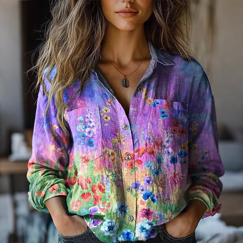 Women's Watercolor Colorful Flowers Pattern Long Sleeve Comfortable Cotton Shirt