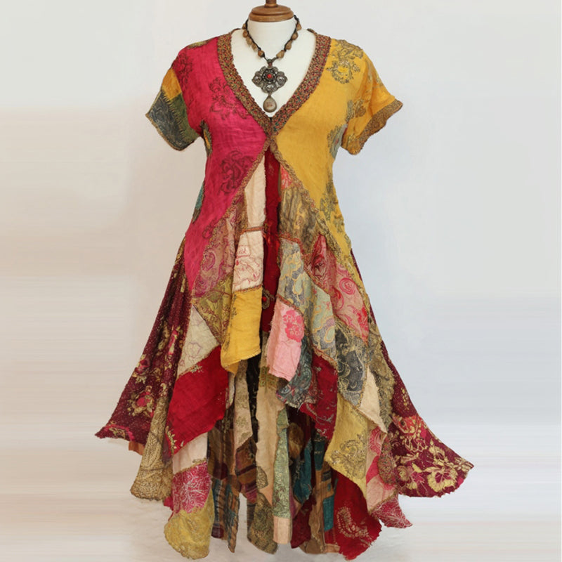 Women's Bohemian Hippie Floral Print Short-sleeve V-neck Dress
