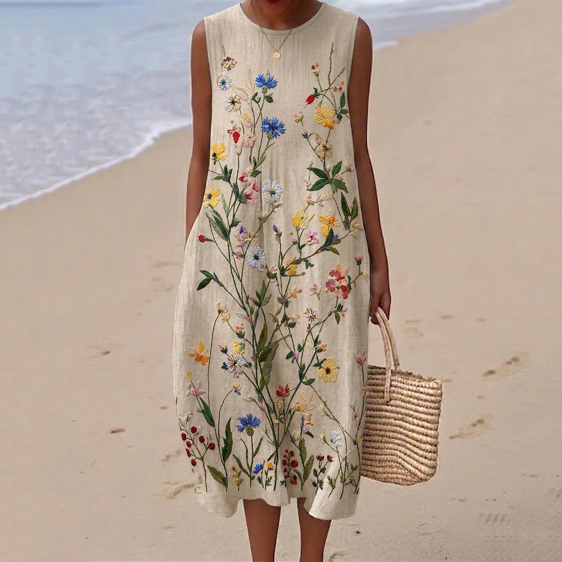 Women's Floral Pattern Round Neck Sleeveless Midi Dress