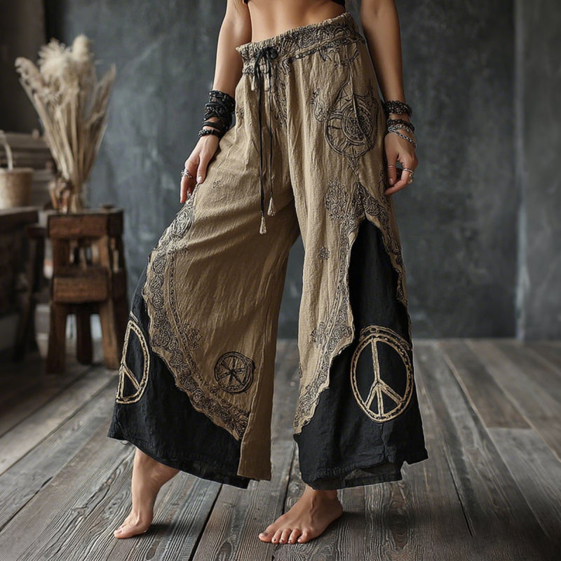 Women's Vintage Hippie Color Block Peace Print Casual Pants
