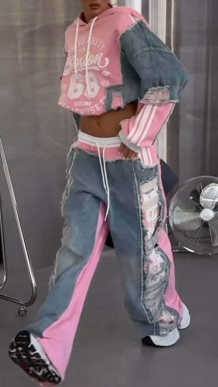 Denim Patchwork Hoodie & Wide Leg Jeans Two Piece Set