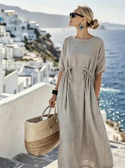 Women'S Casual Solid Cotton And Linen Dress