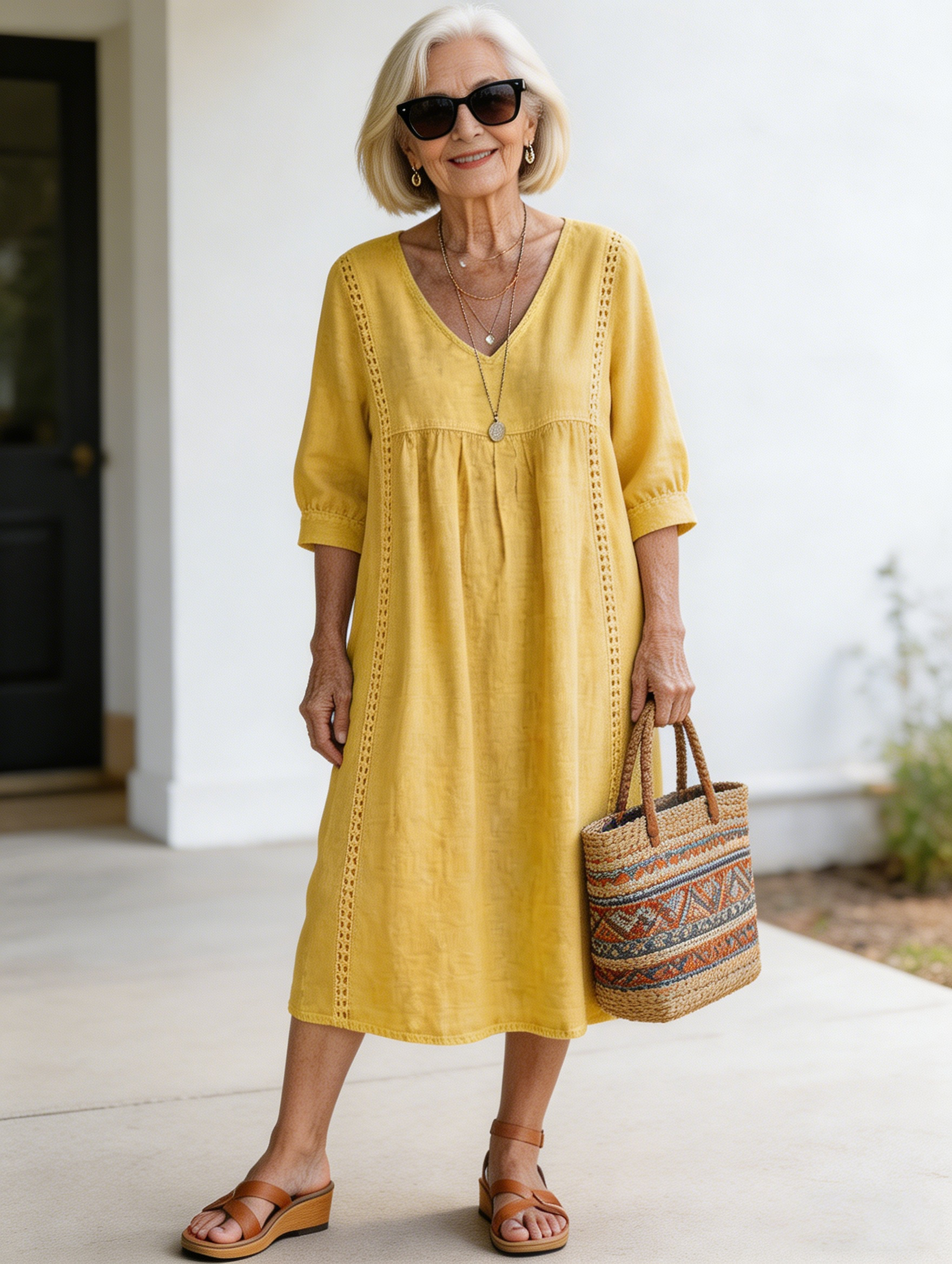 Casual Loose V-neck Splicing Lace Edge Linen Cotton Dress