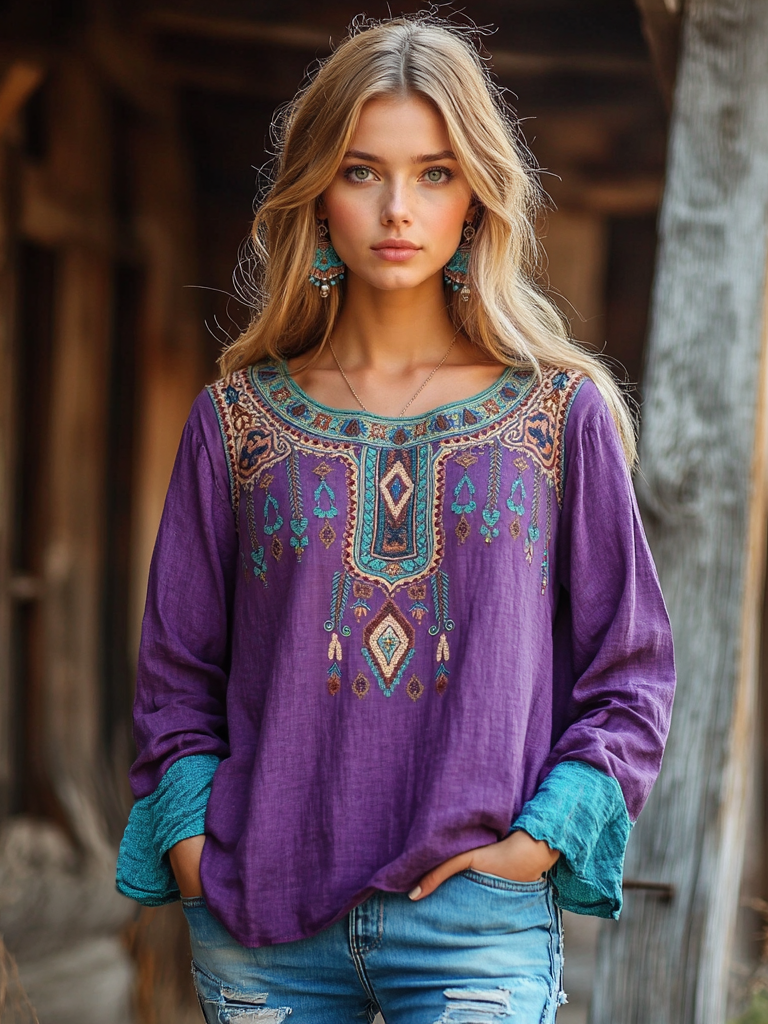 Vintage Bohemian Tribal Art Embroidery Print Cotton And Linen Round Neck Loose Shirt