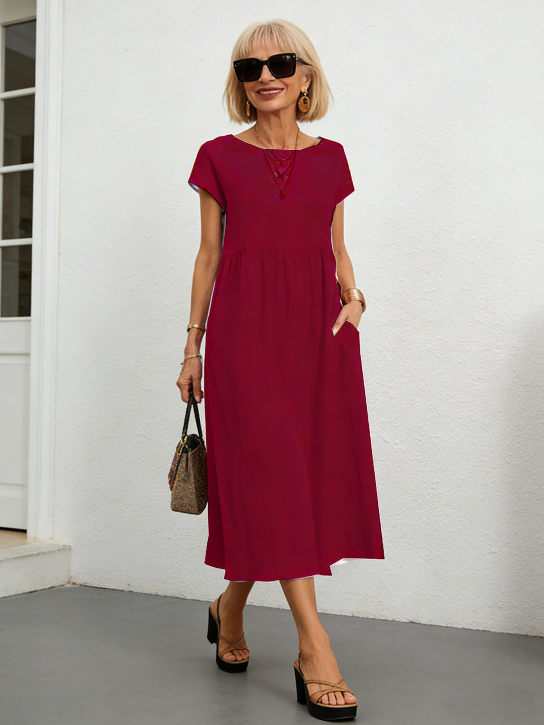 Solid Color Sleeveless Loose Cotton and Linen Pockets, Dress