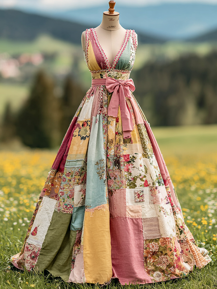 Women's  Floral Art Patchwork V Neck Comfy Maxi Dress