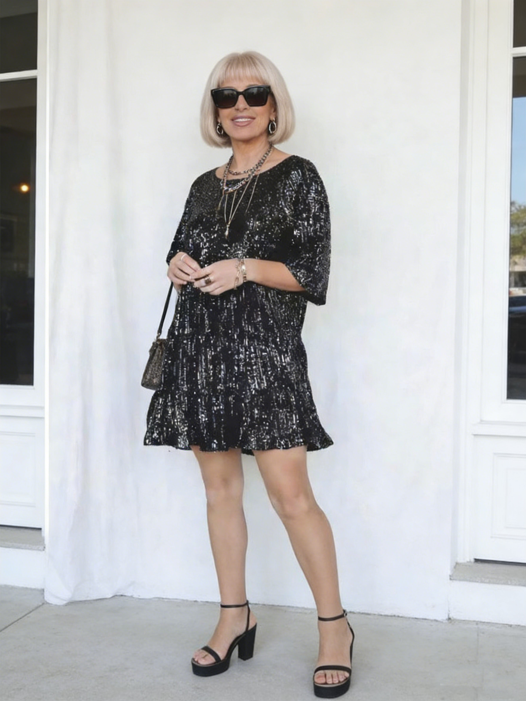 Solid Color Fashion Sequin Crew Neck Loose Waist Short Sleeve Dress Banquet Dress