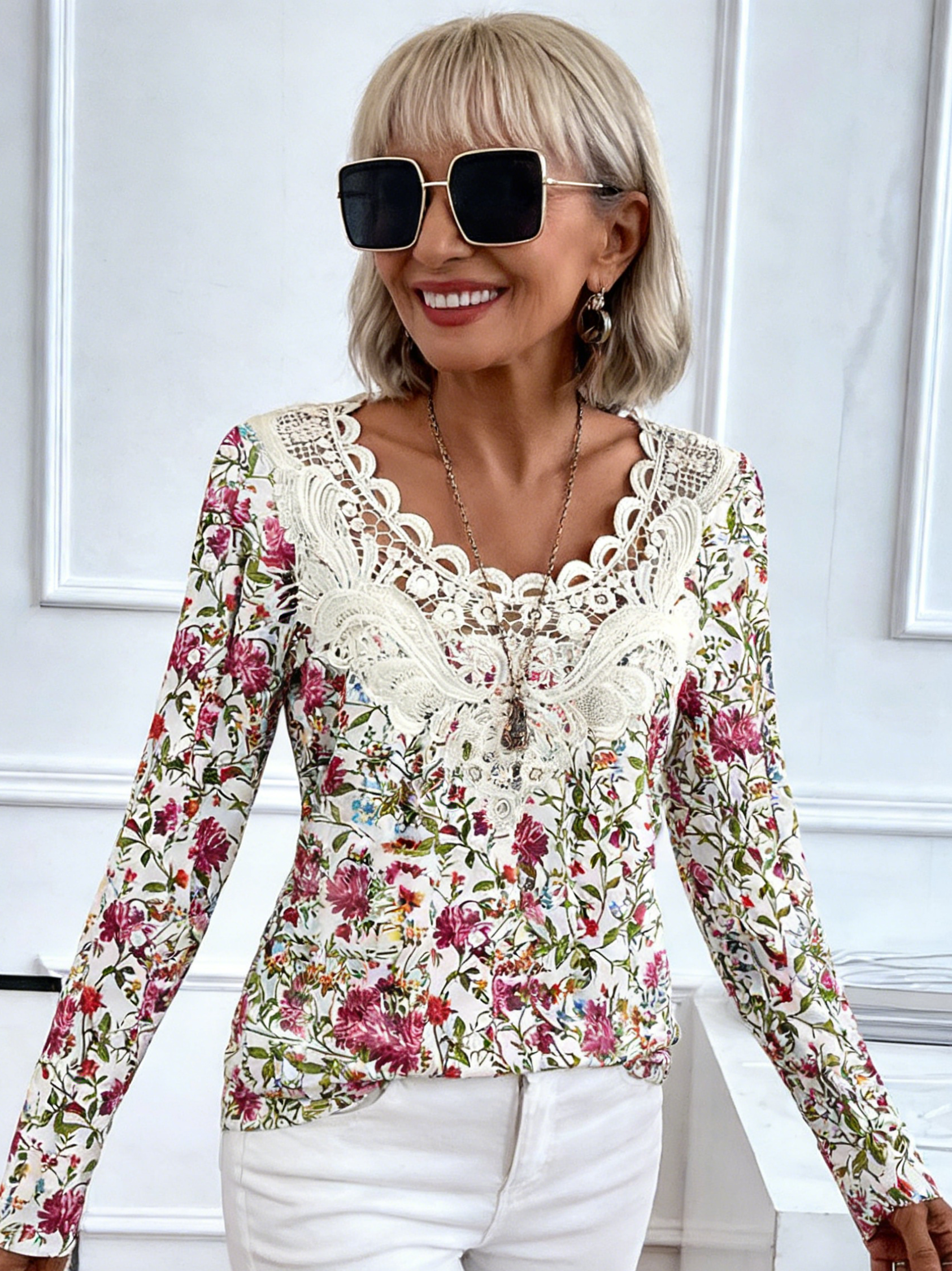 Casual Crew Neck Long Sleeve Pullover Printing Multi-Color Women's T-Shirt Splicing Lace