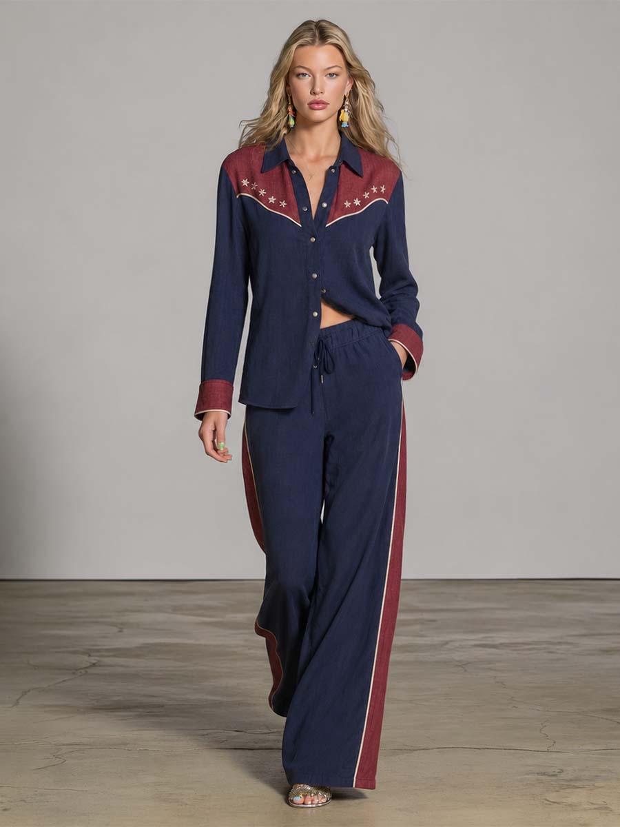Retro Western Star-Embroidered Navy And Burgundy Cotton-Linen Shirt And Wide-Leg Pants Set