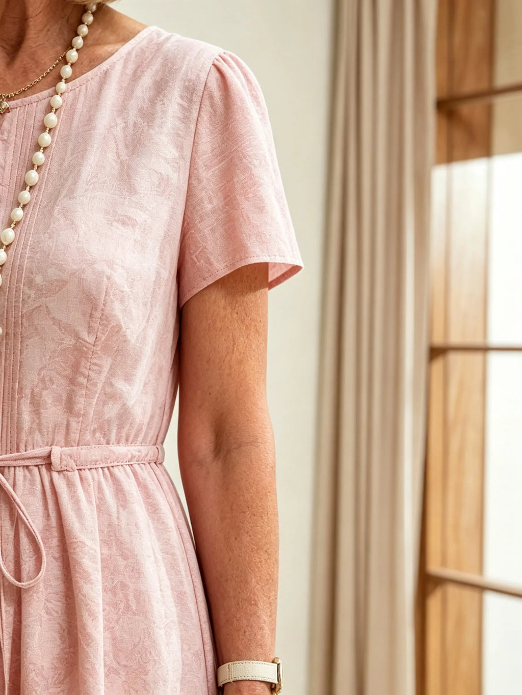 Blush Pink Drawstring Waist Midi Dress, Round Neck Short Sleeve Loose Plus Size Tummy Concealing Summer Dress for Mature Women