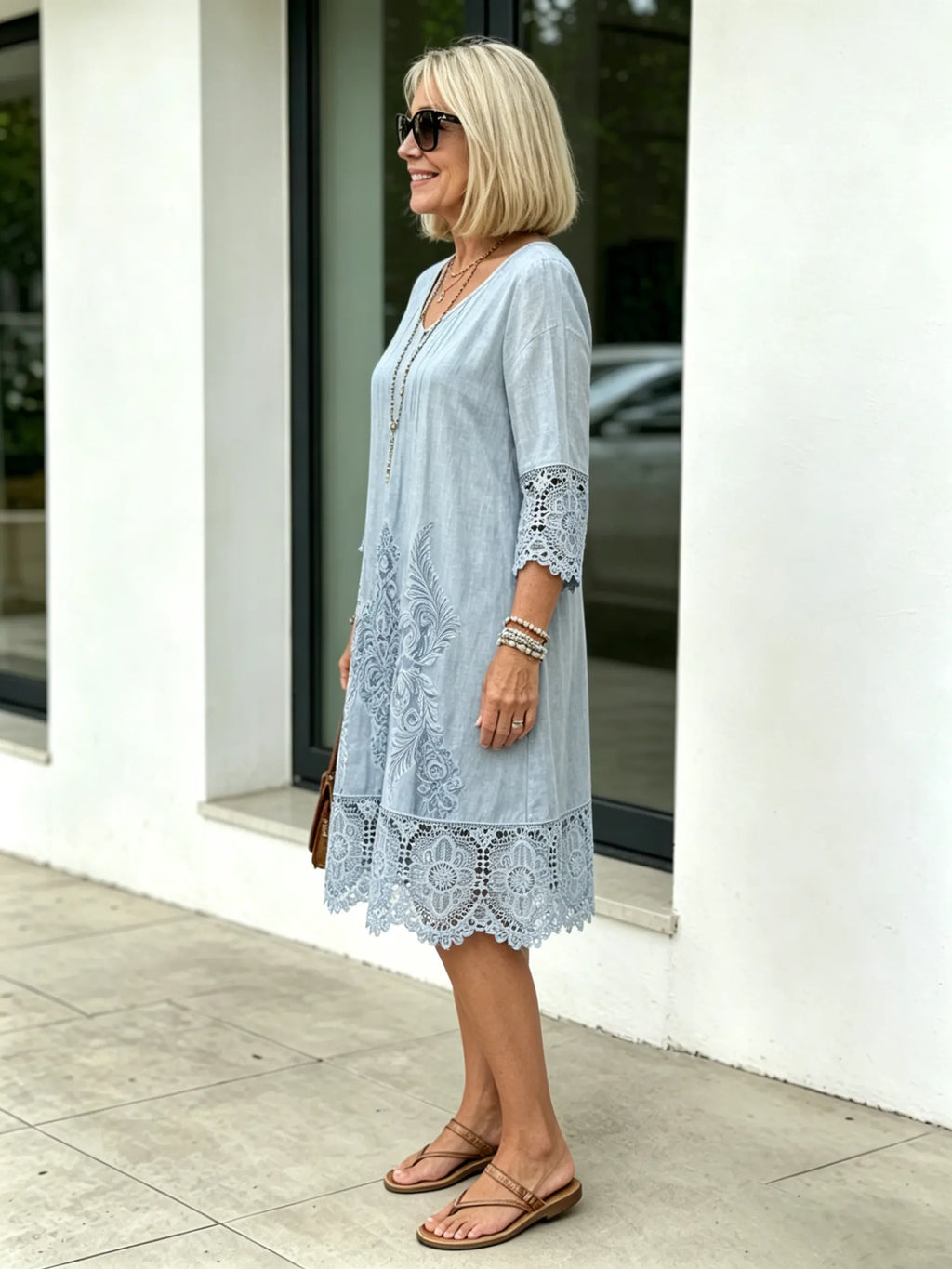 V-neck A-shaped Skirt Solid Color Lace Dress  Five-quarter Sleeve