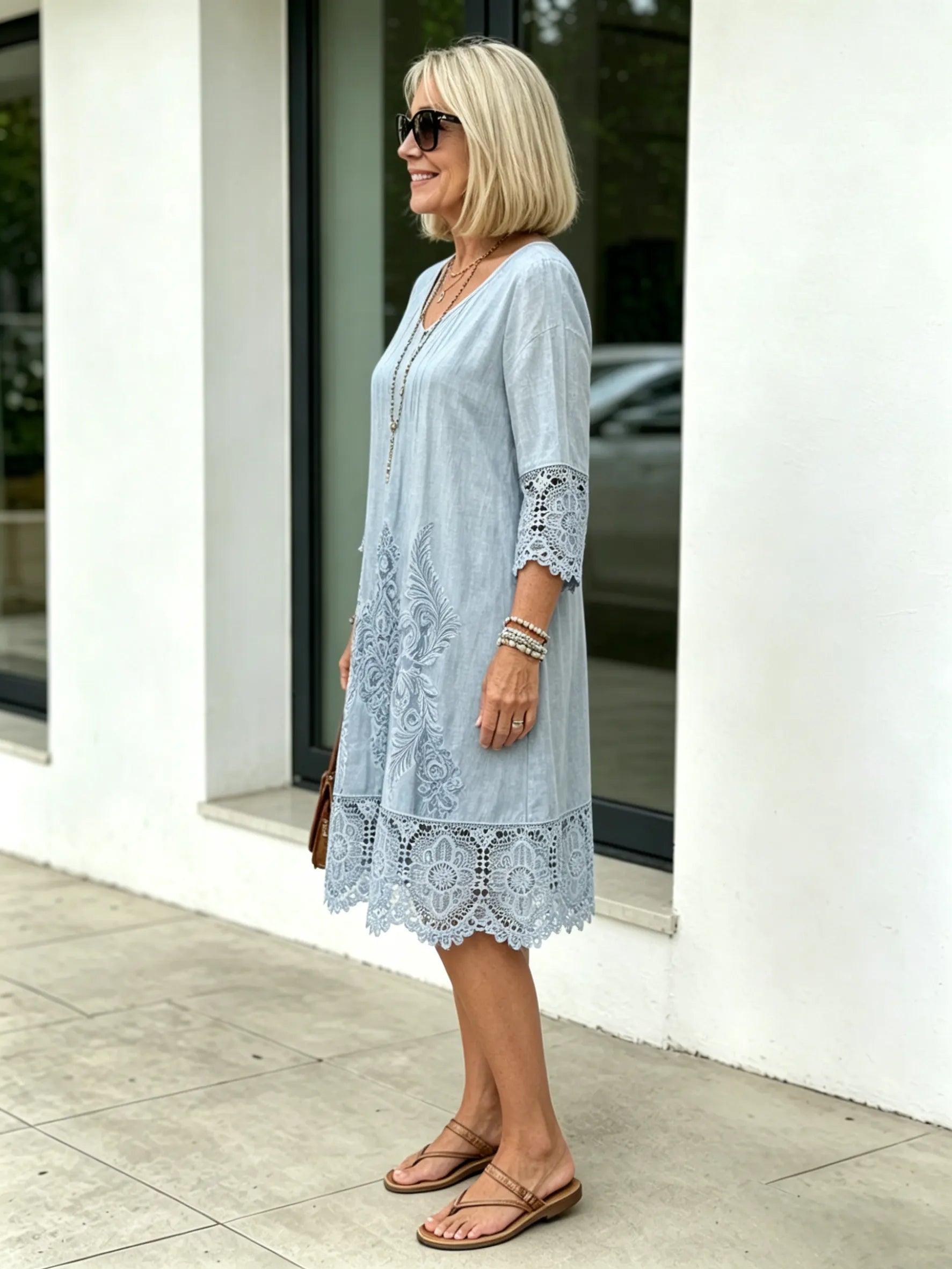 V-neck A-shaped Skirt Solid Color Lace Dress  Five-quarter Sleeve