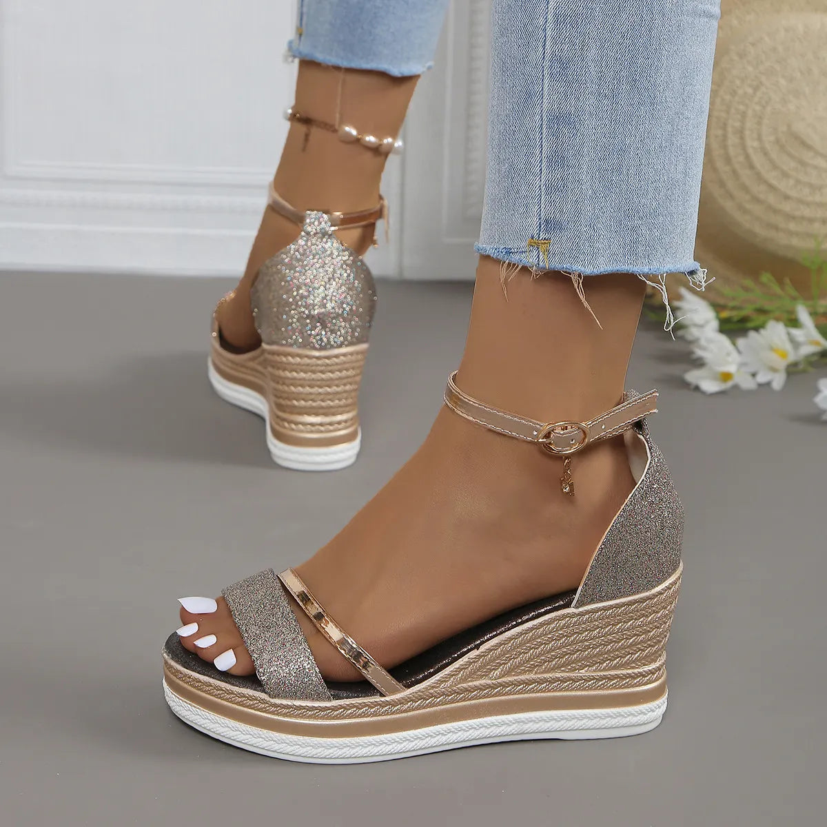 Wedge Heel Sandals Platform-soled Fish Mouth One-word Buckle with Rhinestone Bag and Muffin Women's Sandals