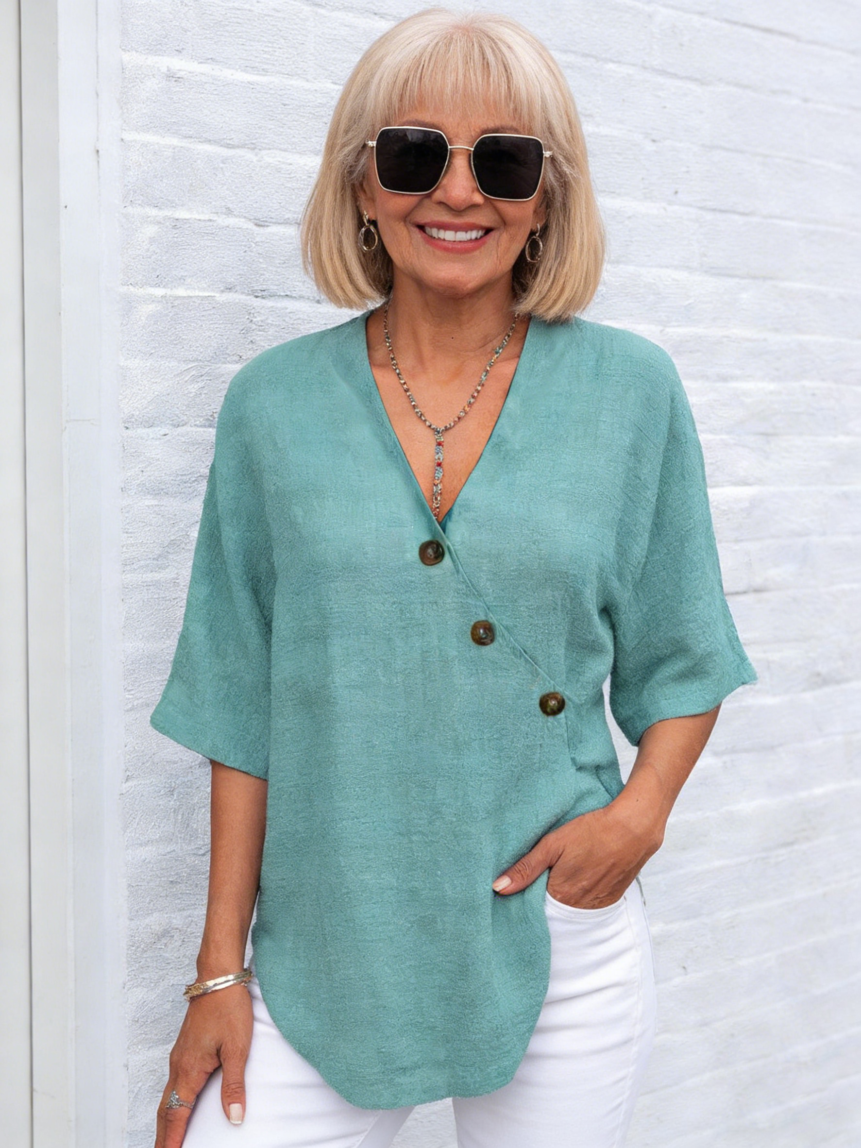 Top V-neck Solid Color Shirt Cotton and Linen