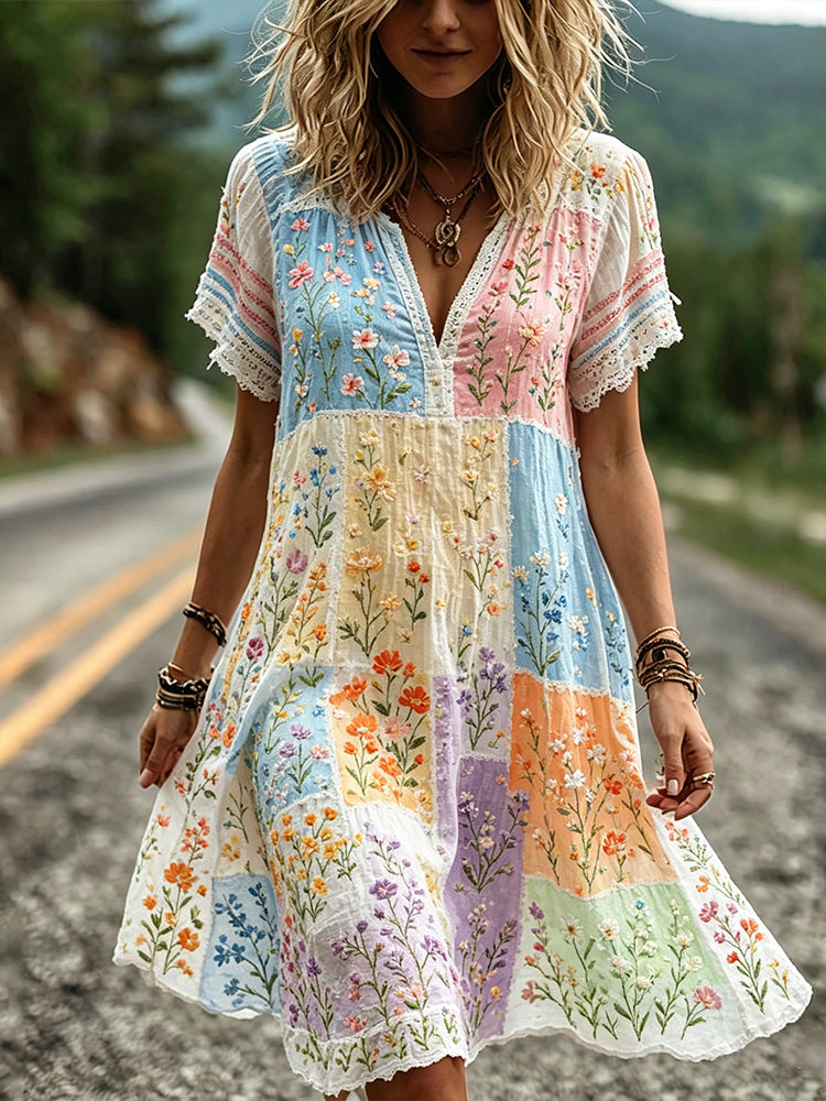 Women's Colorful Floral Art Embroidery Patchwork Linen Blend V-neck Short Sleeve Mini Dress