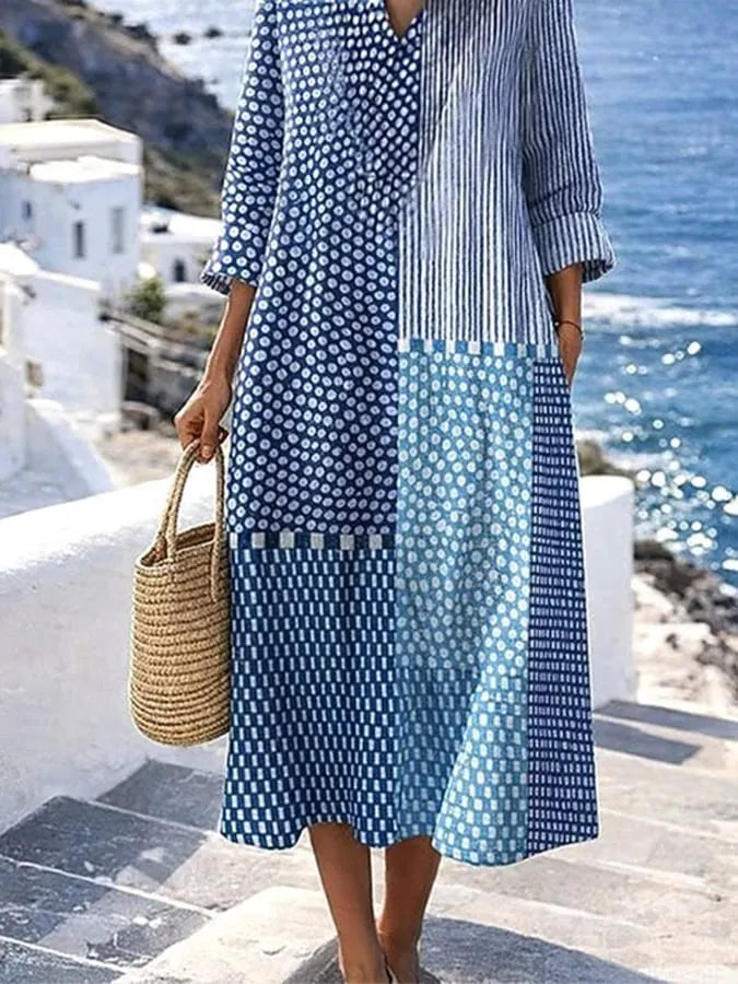 Women's Casual Cotton and Linen Geometric Pattern Printed Loose Short Sleeve Dress