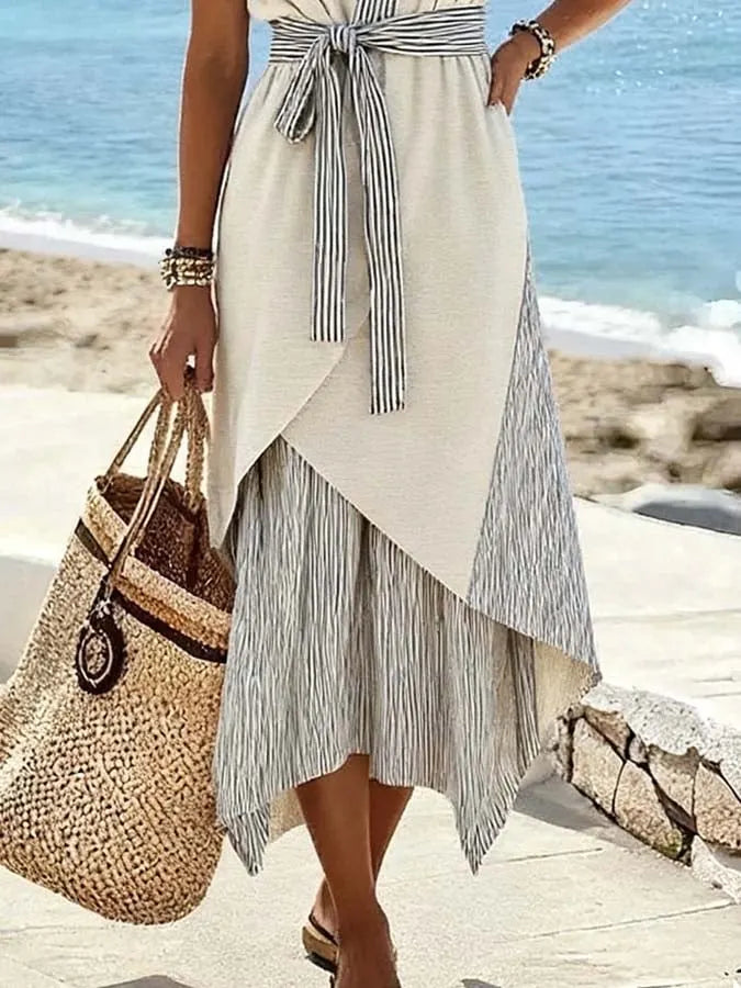 WOMEN'S CASUAL CONTRASTING STRIPED HALF SKIRT DRESS TWO-PIECE SET