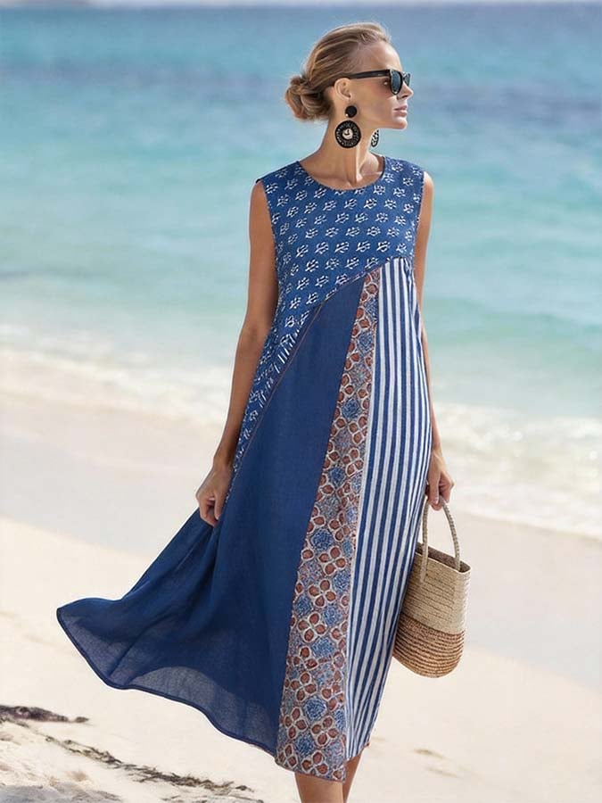 Women'S Round Neck Sleeveless Color-Block Printed Dress