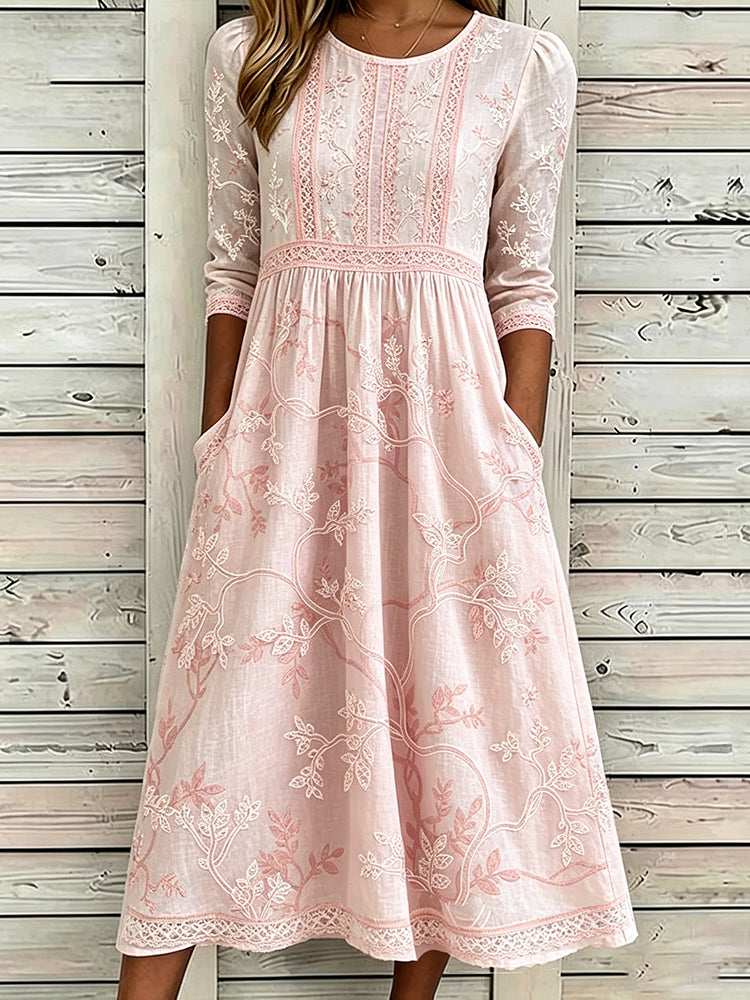 Women's Vintage Floral Art Flowy Linen Round Neck Dress
