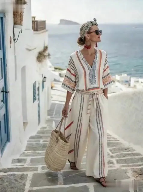 Women'S Casual Striped Color-Block Wide-Leg Pants Set