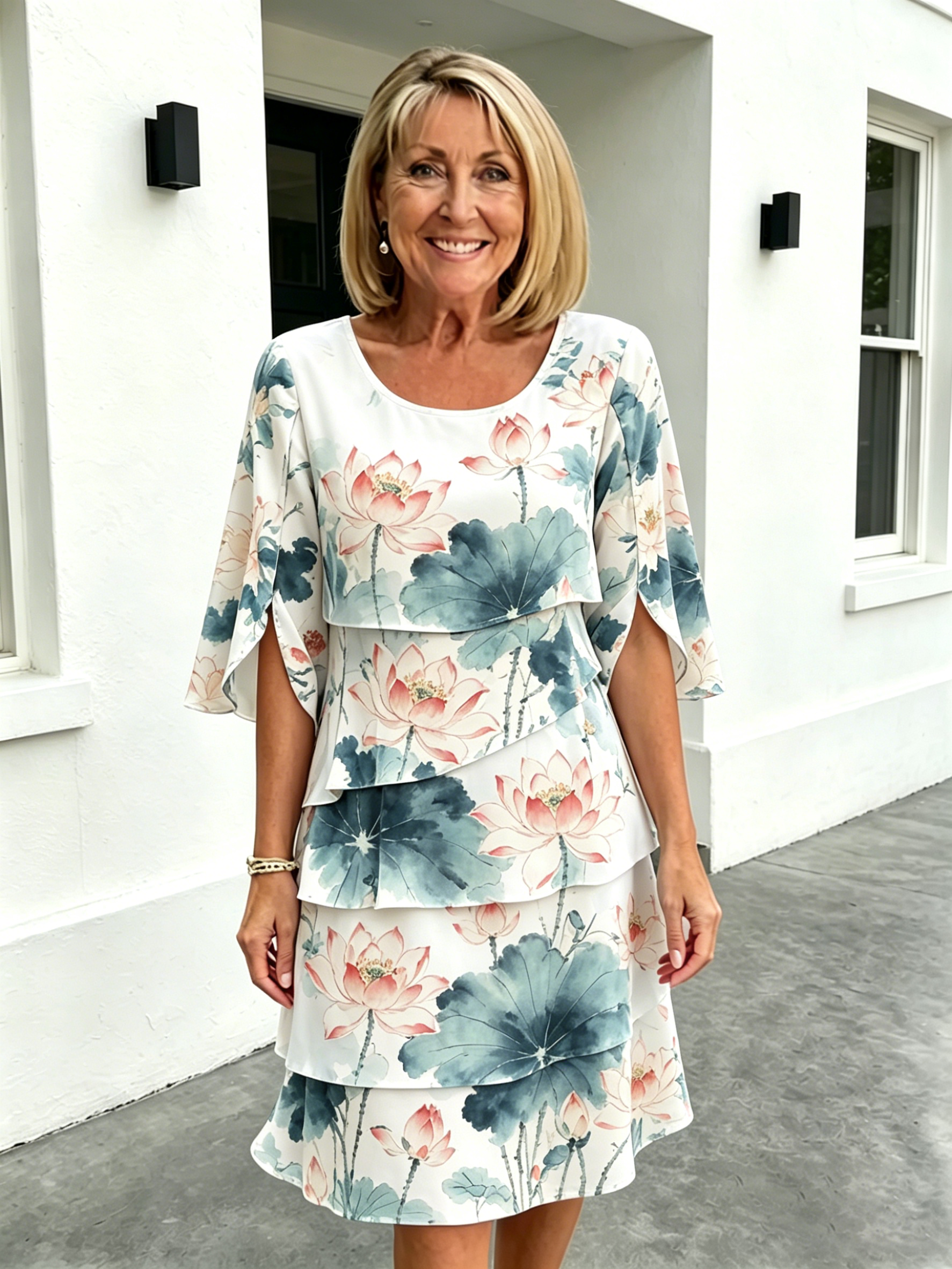 Chiffon Lotus Vacation Prints Color Round Neck Cake Skirt Splicing Dress Mid-length