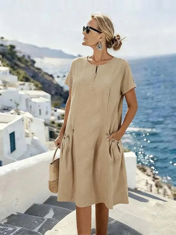 Women'S Casual Loose-Fitting Solid Color Cotton And Linen Dress