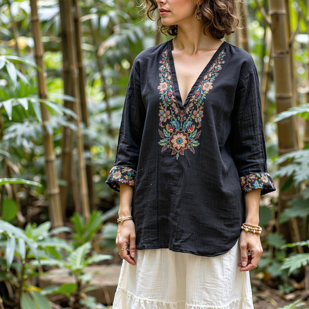 Women's Casual Embroidery Printed Cotton And Linen Loose Shirt