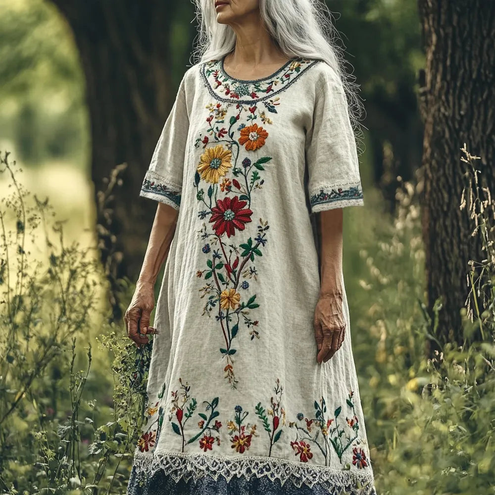 Vintage Floral Embroidery Women's Linen Short Sleeve Maxi Dress