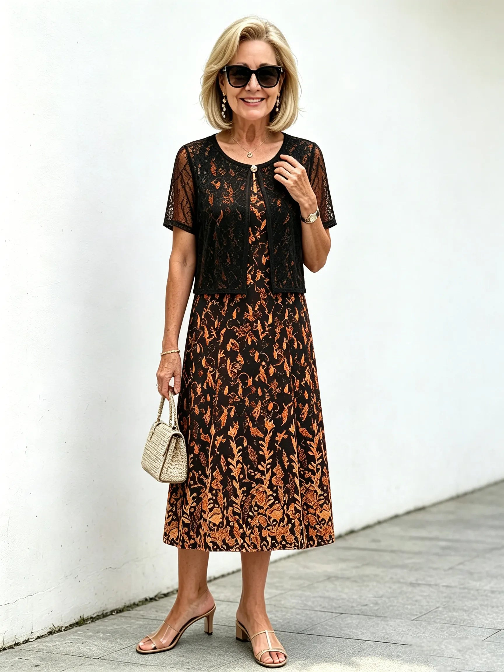 Red Gold Floral Lace Fake Two-Piece Midi Dress, Round Neck Short Sleeve Slimming Elegant Dress for Elderly Women