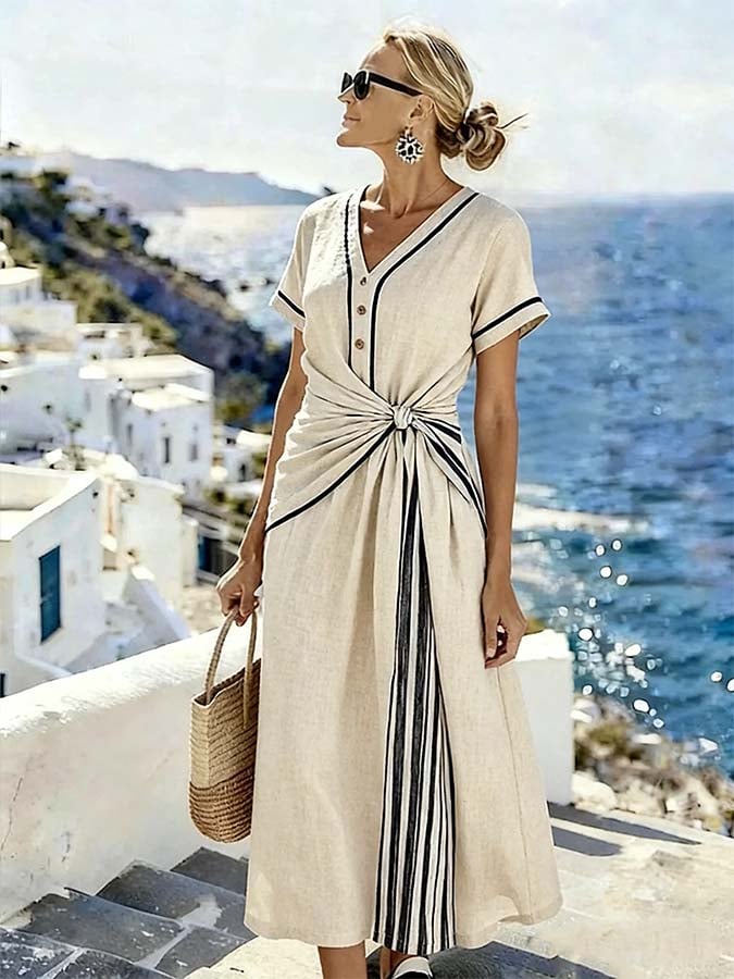 Women'S Casual Color-Block Striped Dress