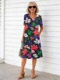 Women's Short Sleeve Scoop Neck Floral Printed Midi Dress With Pockets