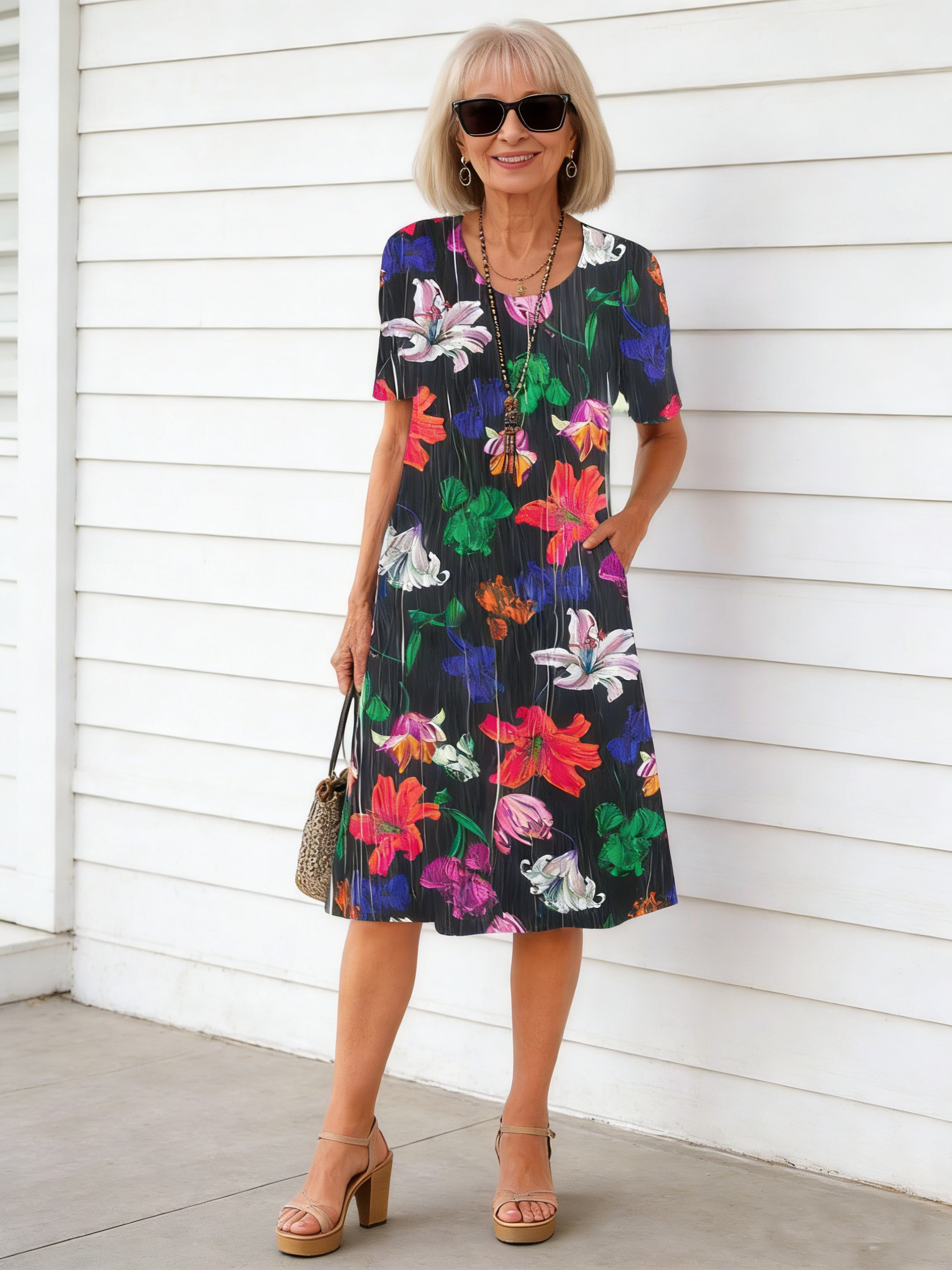 Women's Short Sleeve Scoop Neck Floral Printed Midi Dress With Pockets