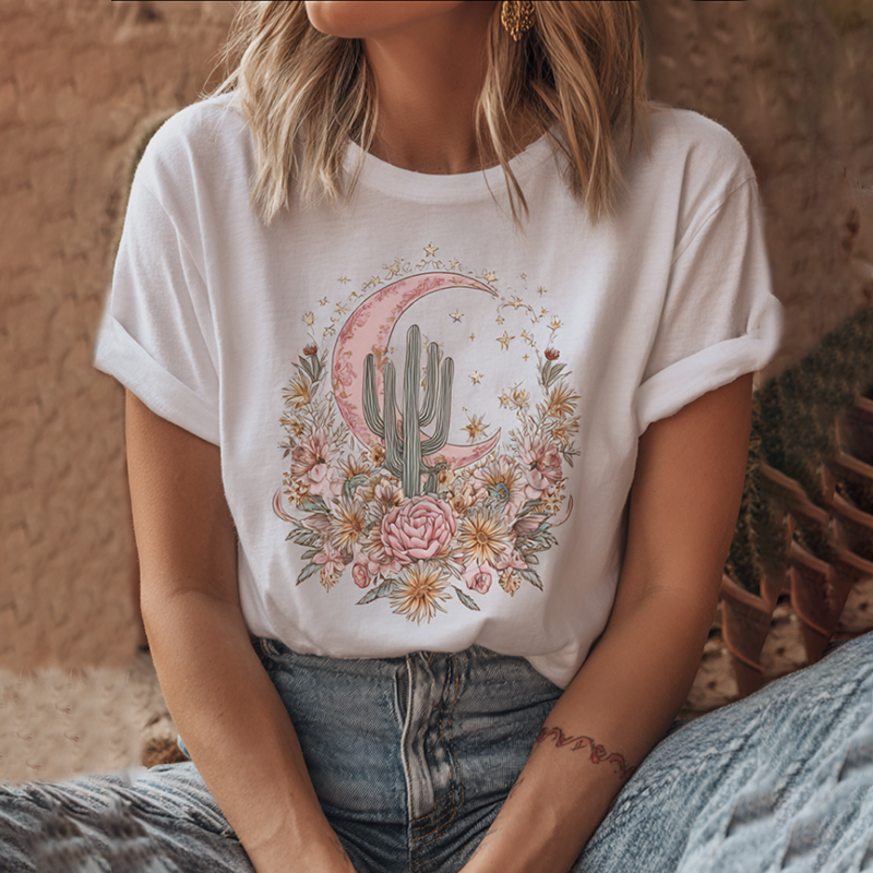 Women's Breast Cancer Health Plant Flower Bohemian Style Printed T-shirt