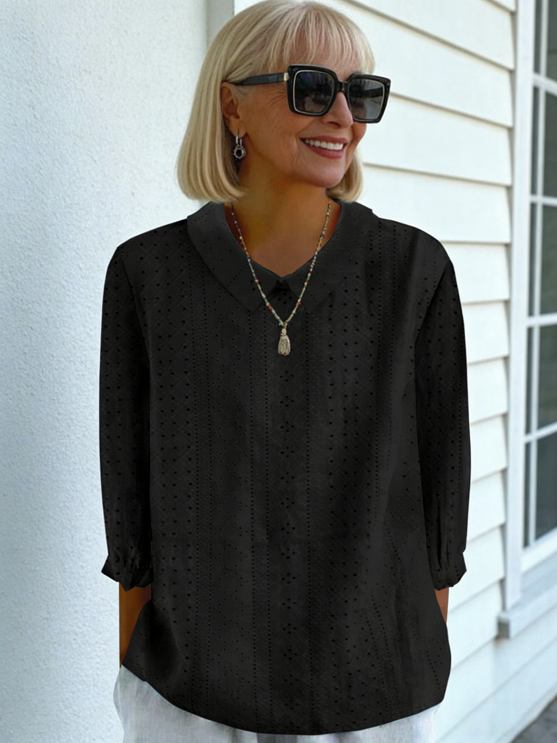 Lapel Solid Color Loose Seven-quarter Sleeve Top Women