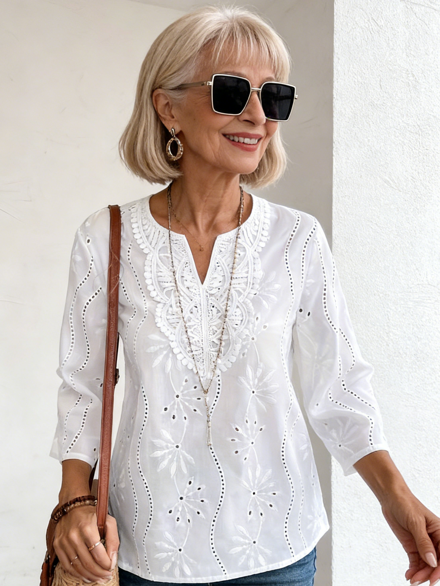 Loose V-neck Temperament Commuter Embroidered Flared Sleeve Lace Top Chiffon Shirt