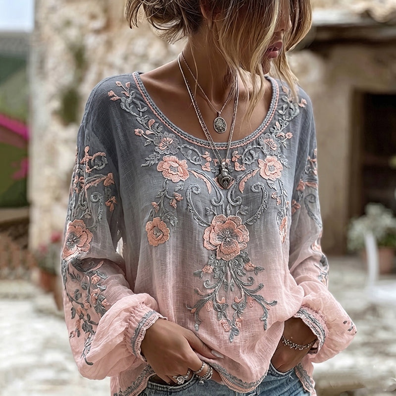 Women's Retro Pink Floral Art Pattern Round Neck Linen Blend T-shirt