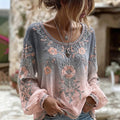 Women's Retro Pink Floral Art Pattern Round Neck Linen Blend T-shirt