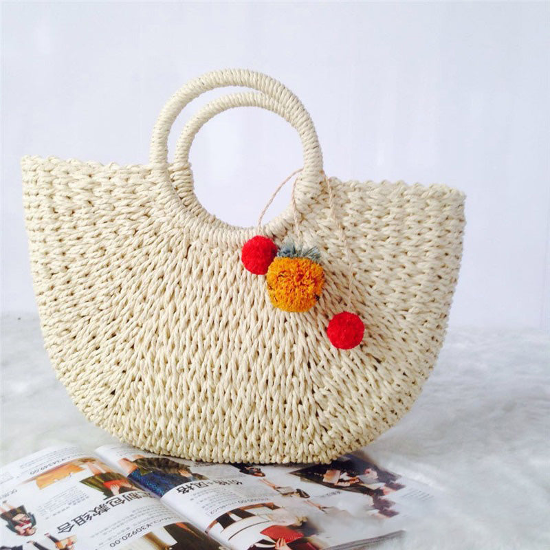 Straw Bag Versatile Women's Bag Casual Round Bucket Woven Straw Bag Vacation Beach Bag