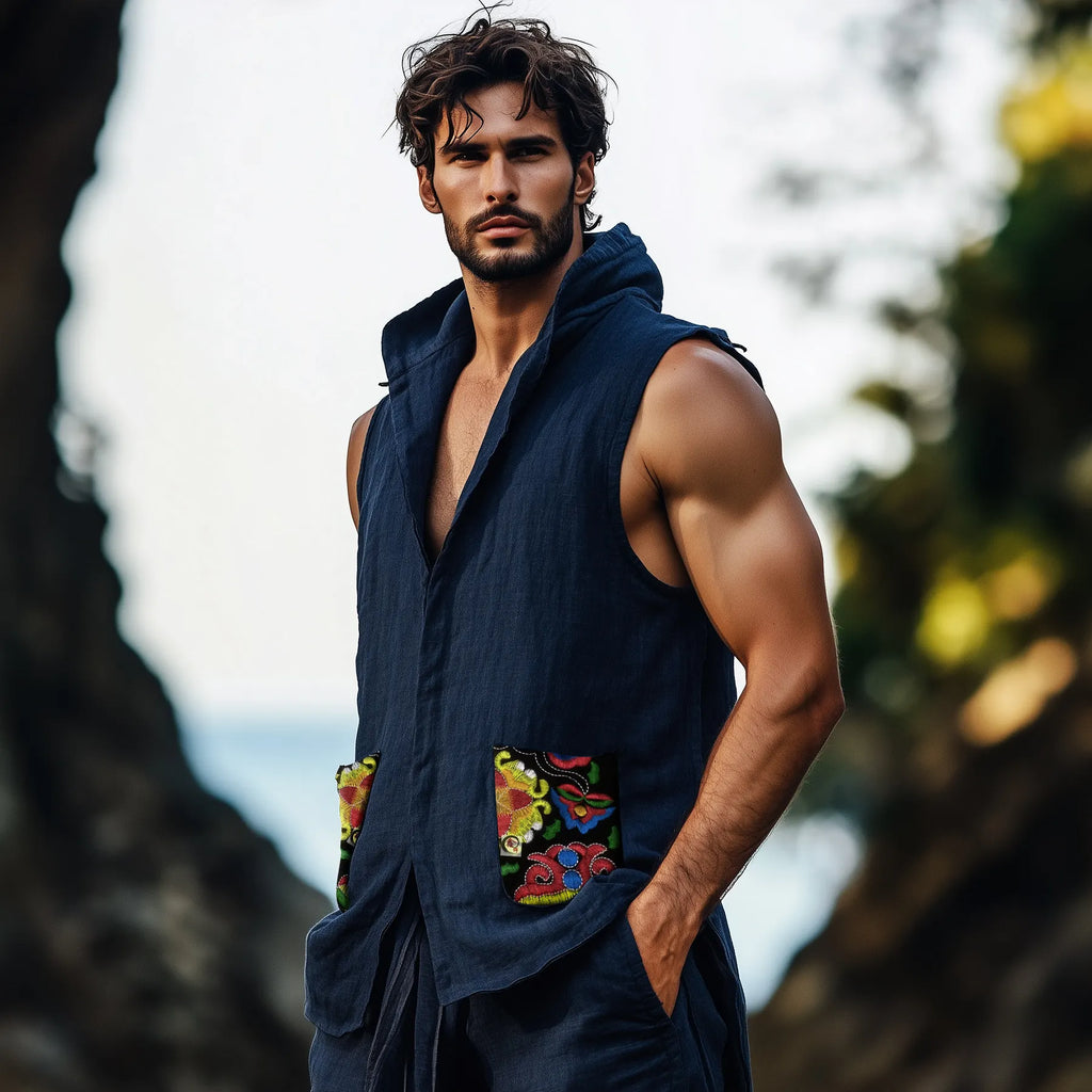 Men's Casual Retro Cotton And Linen Embroidered Vest Tops