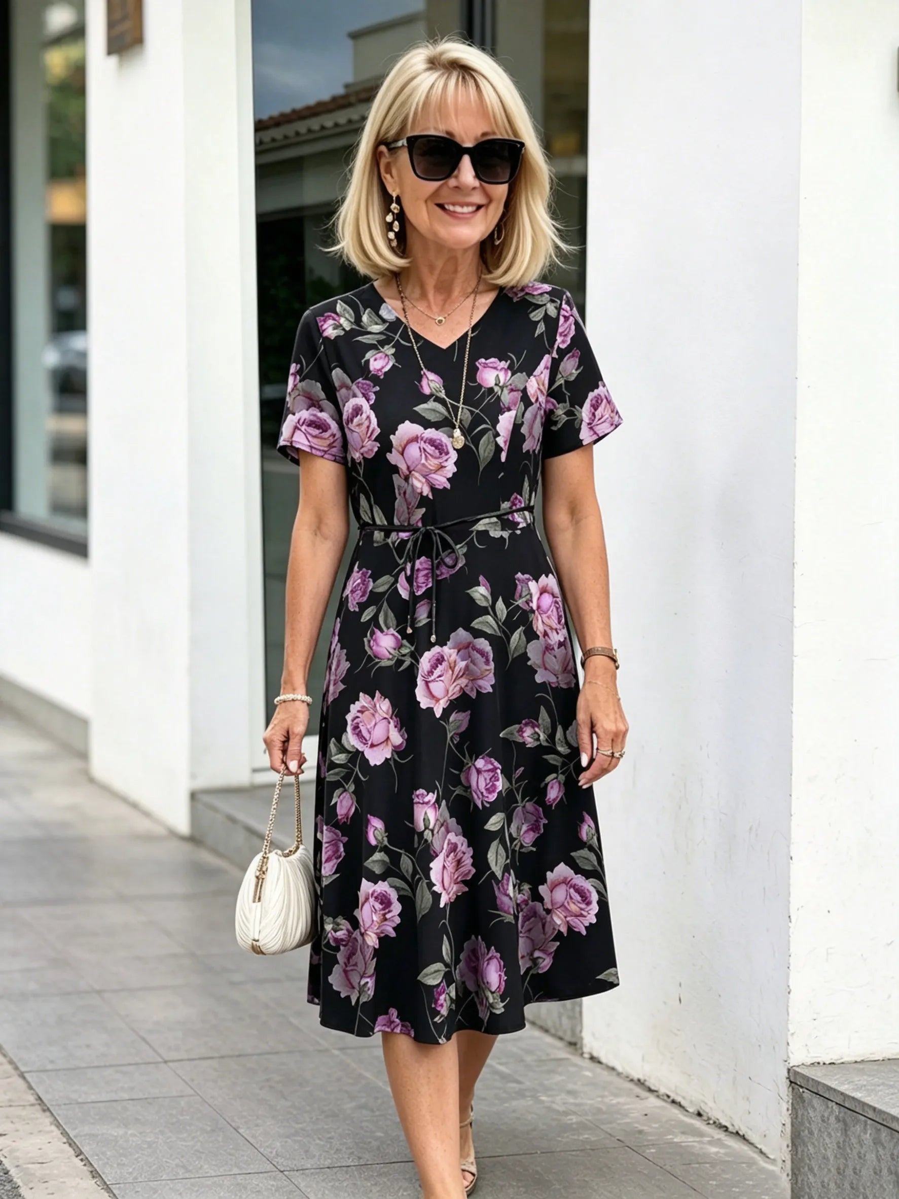 Orange Floral V-Neck Midi Dress, Short Sleeve Elastic Waist Slimming Temperament Long Dress for Mature Women