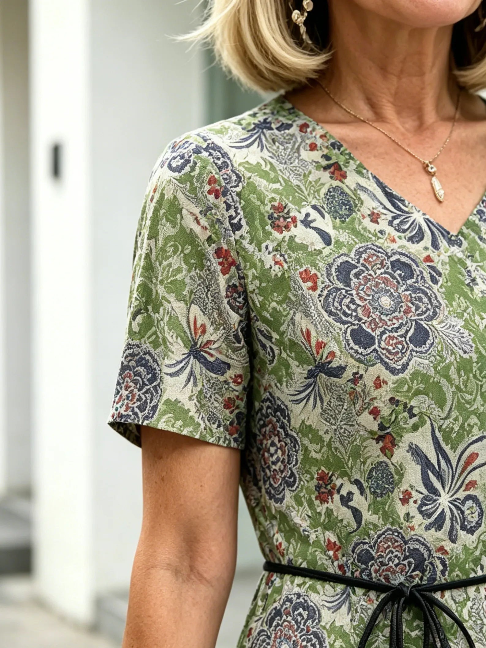 Orange Floral V-Neck Midi Dress, Short Sleeve Elastic Waist Slimming Temperament Long Dress for Mature Women