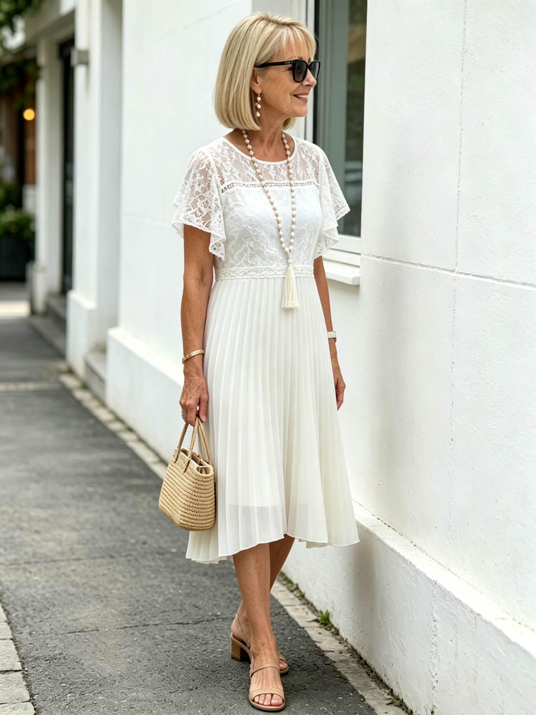 White Lace Pleated Midi Dress, Ruffle Short Sleeve Round Neck Spliced Elegant Dress for Mature Women