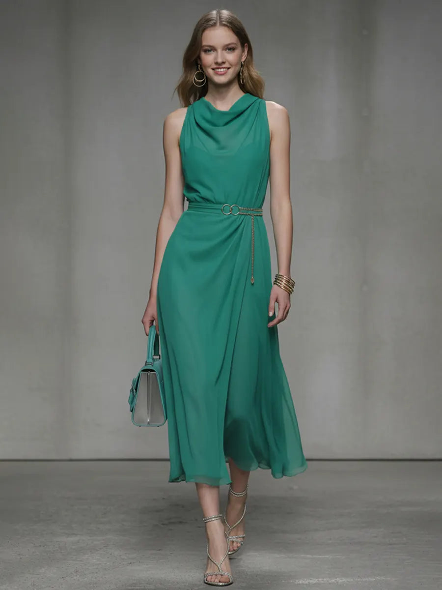 Women's Fashion Emerald Green Chiffon Sleeveless Midi Dress (Belt Not Included) MDZ2206D6GMJ
