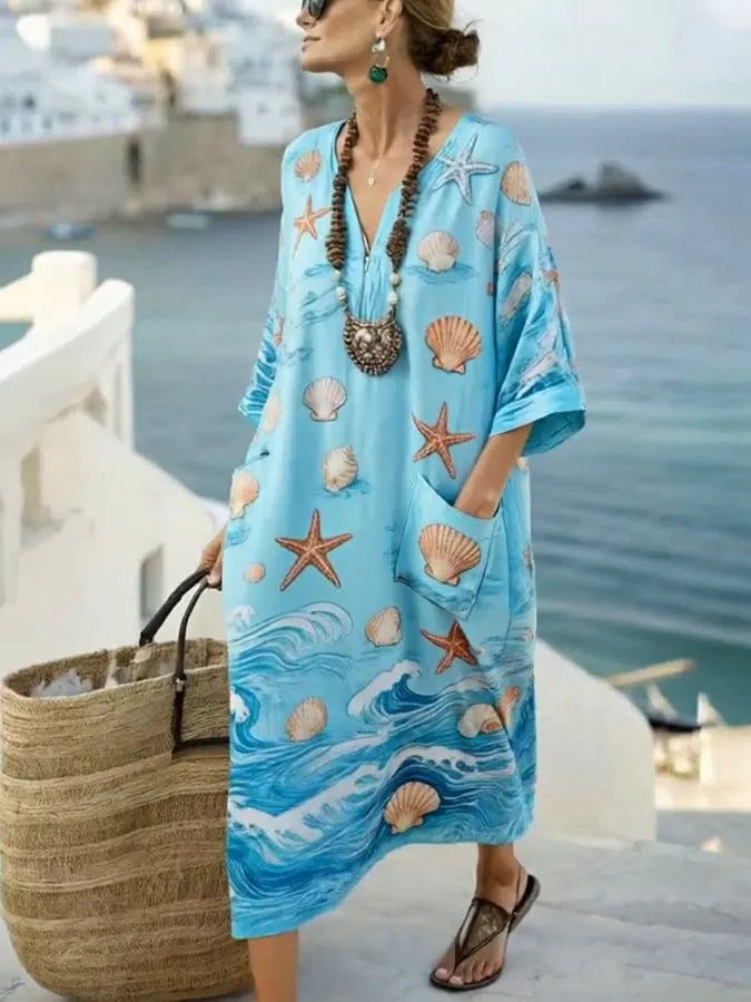 Women'S Casual Color-Block Cotton And Linen Dress
