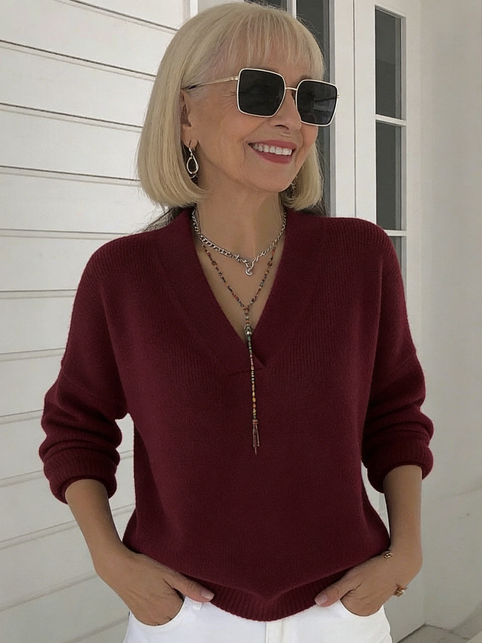 Knitted V-neck Loose Sweater Fall and Winter Solid Color Casual Fashion Women's Knitwear