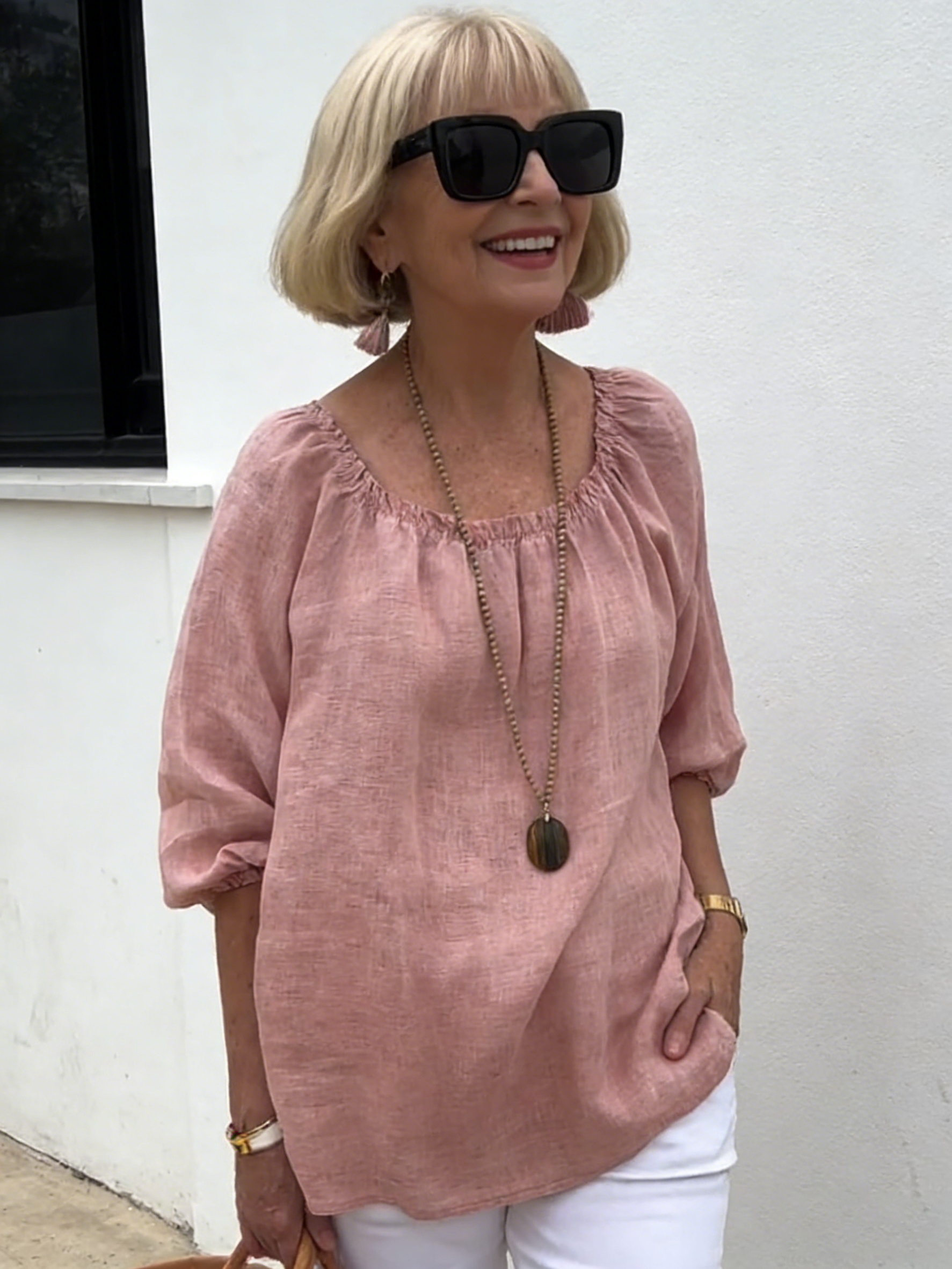 Solid Color Round Neck Medium Sleeve Pullover Cotton and Linen Casual Top